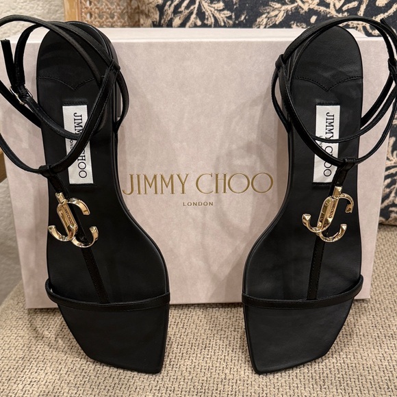 Jimmy Choo Black Leather T-Strap Heels with Gold JC Logo - Picture 2 of 5